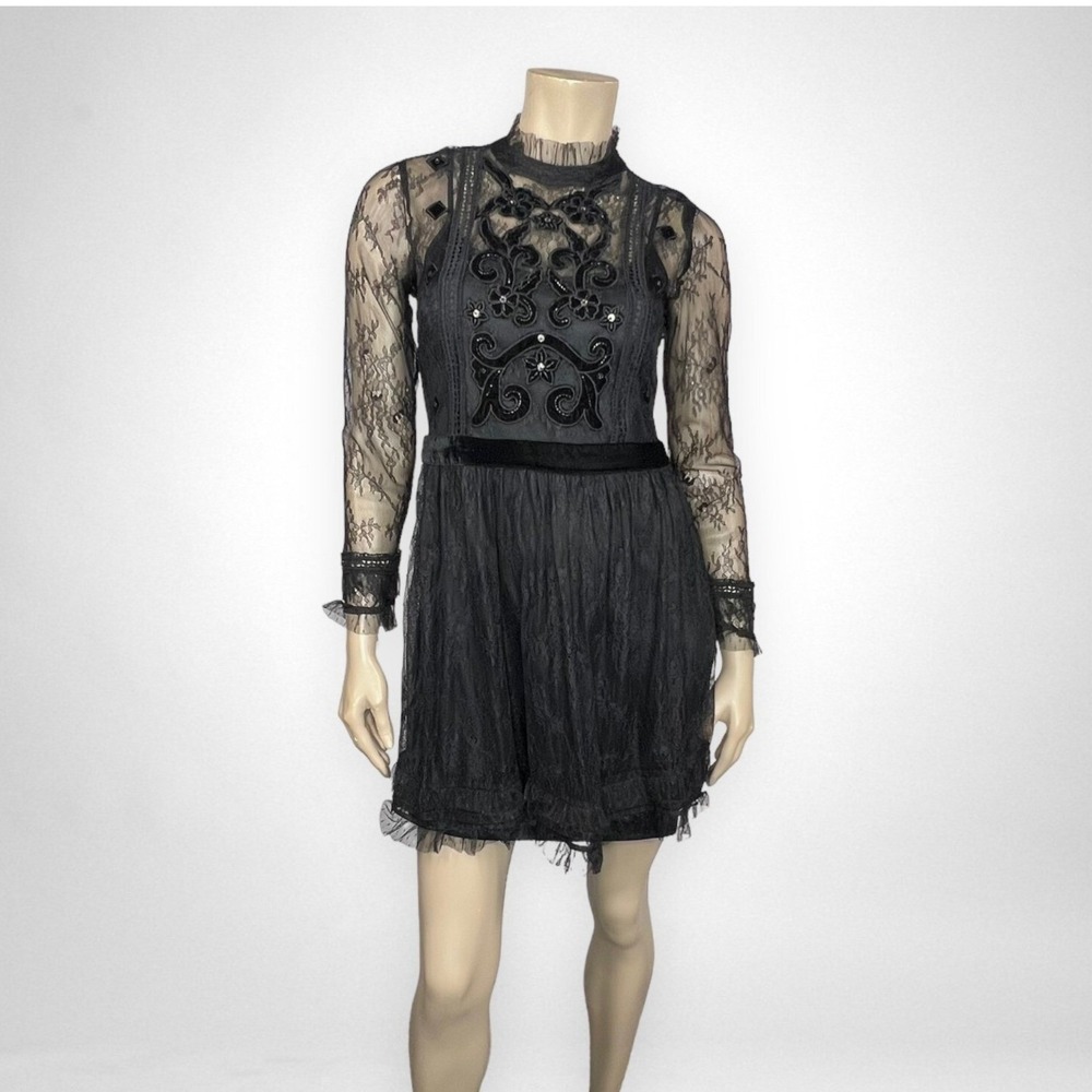 ZARA BASIC Small Black Lace Sheer Long Sleeve Dress High Neck Little Black Dress